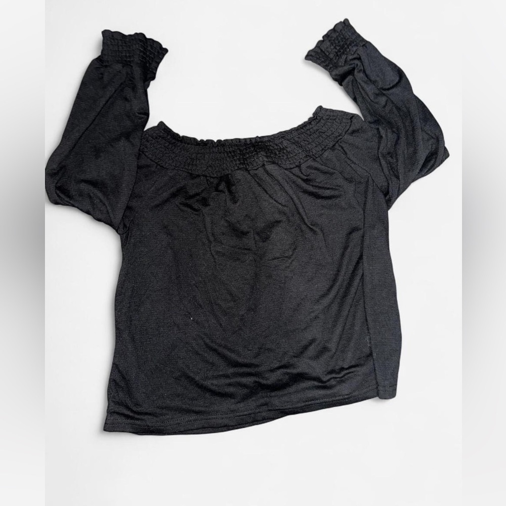 Chic Off-Shoulder Black Puff Sleeve Tie Back Blouse – M/L Y2K Romantic Top